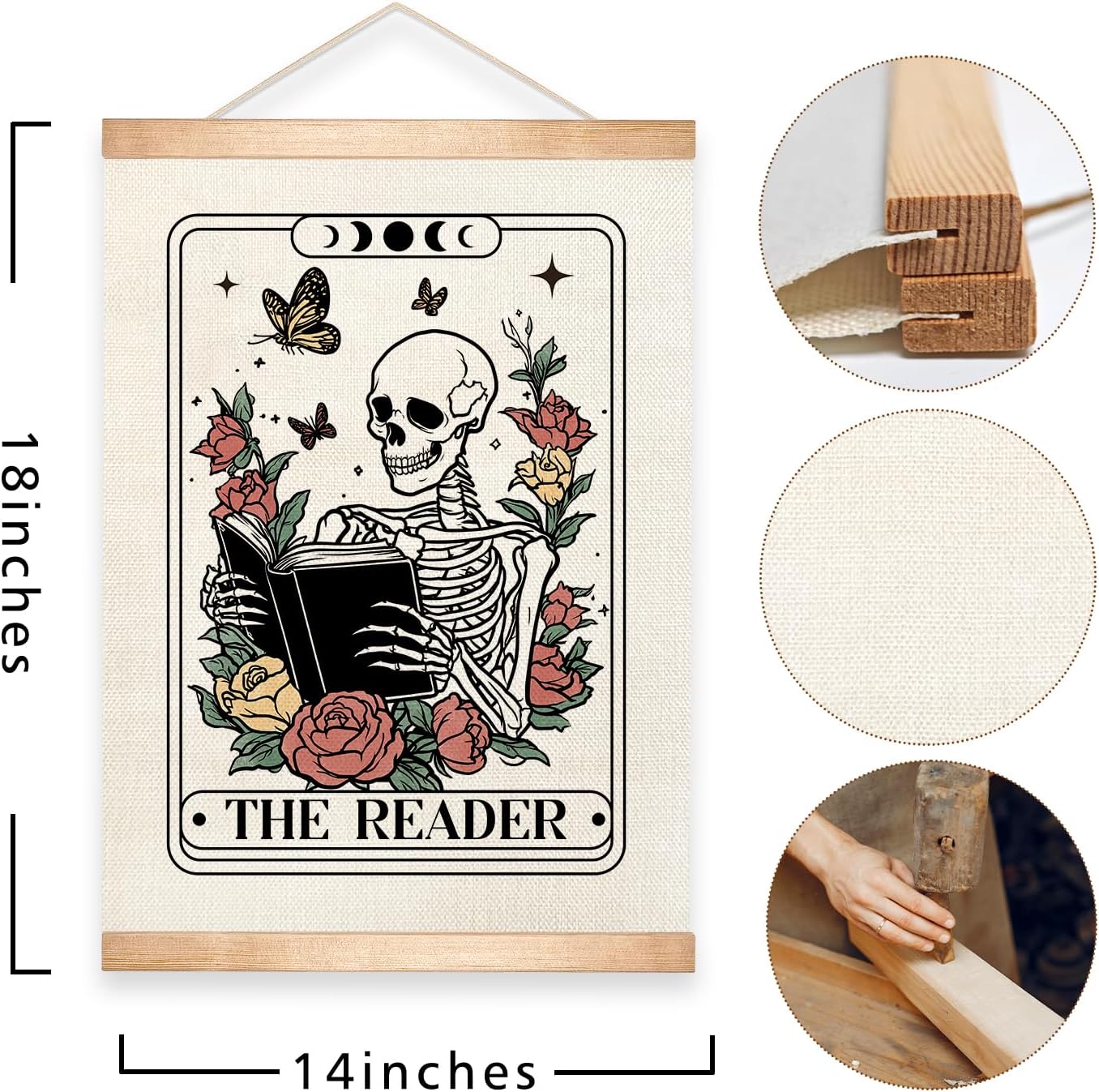 HEYJEEPER The Reader Tarot Card Wall Art, 14x18inch Gothic Skeleton Reading Books, Canvas Wall Hanging Poster,Library, Reading Corner Decor,Vintage Witchy Room Decor (Reader)