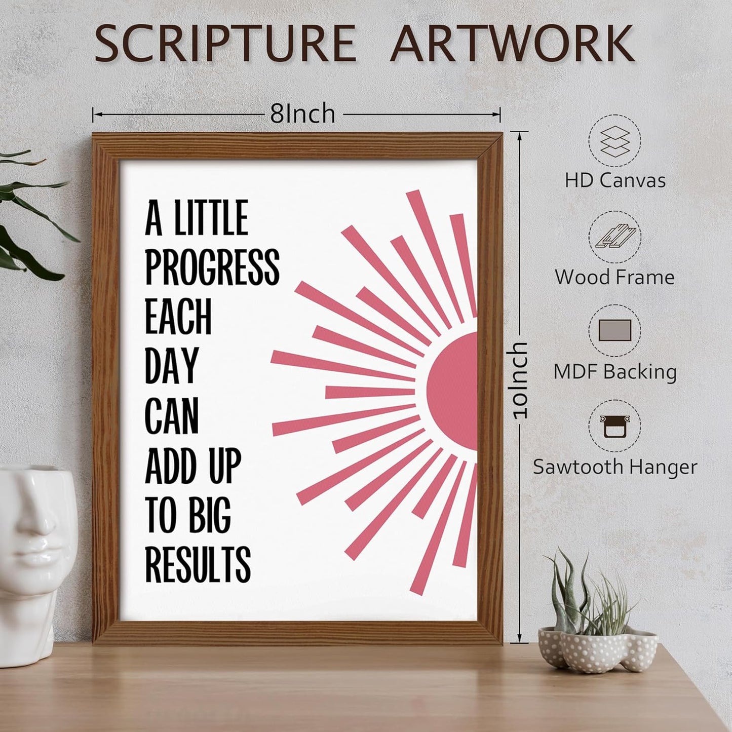 Inspirational Quotes Decorative Sign A Little Progress Each Day Adds Up to Big Results Sign Framed Positive Saying Wall Plaque Boho Minimalist Motivational Home Office Therapy Room Decor 8 x 10 Inches