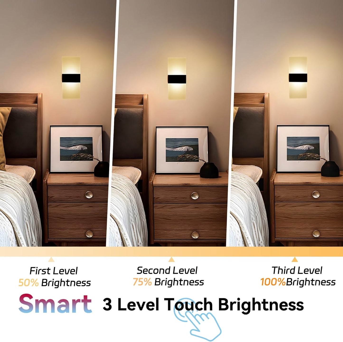 Battery Wall Sconces, Acrylic Bedside LED Wall Lamps Set of Two for Living Room Bedroom Hallway,USB Rechargeable Battery Operated Cordless Night Light,Touch Control,Warm Light Dimmable