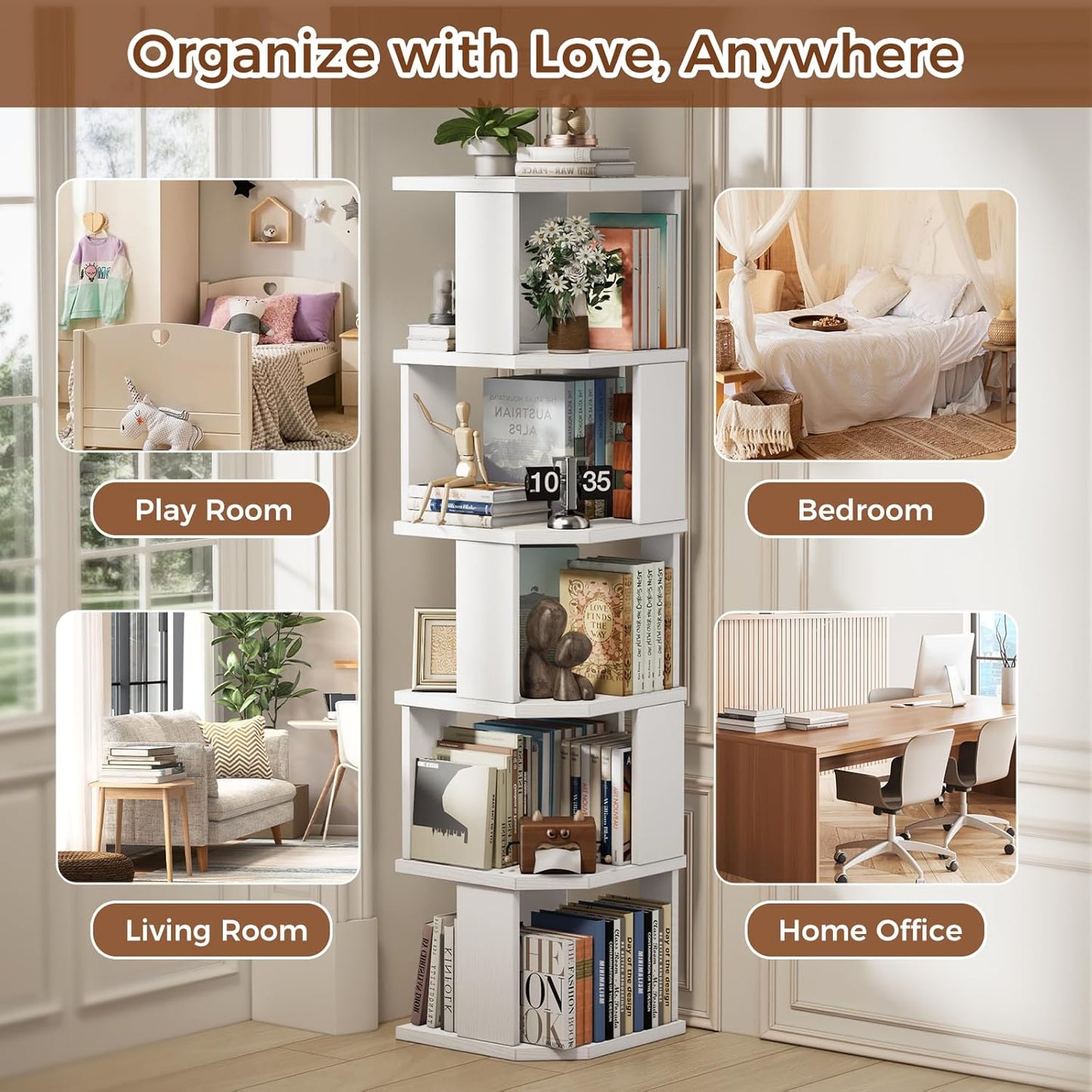5 Tier Square Bookshelf Tower, Floor Standing Corner Bookshelf Modern Organizer Storage Display Rack for Home Office Living Room Study, Small Spaces