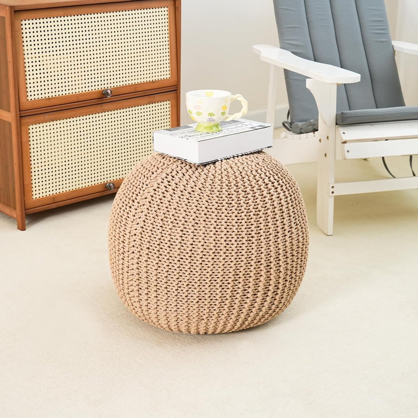 Pouf Ottoman Stuffed Round Modern Foam Filled Foot Rest Poufs for Living Room Chair Decorative 20 X 14 Inches Boho Relax Stool for Wedding Christmas Party, (Khaki, 20inch)