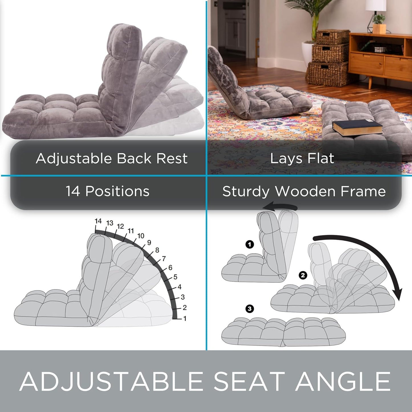 BIRDROCK HOME Adjustable Memory Foam Floor Chair - Ideal for Gaming, Reading, Meditation - Comfortable and Versatile - Suitable for Kids and Teenagers - Comfy Foldable Floor Seat - Grey