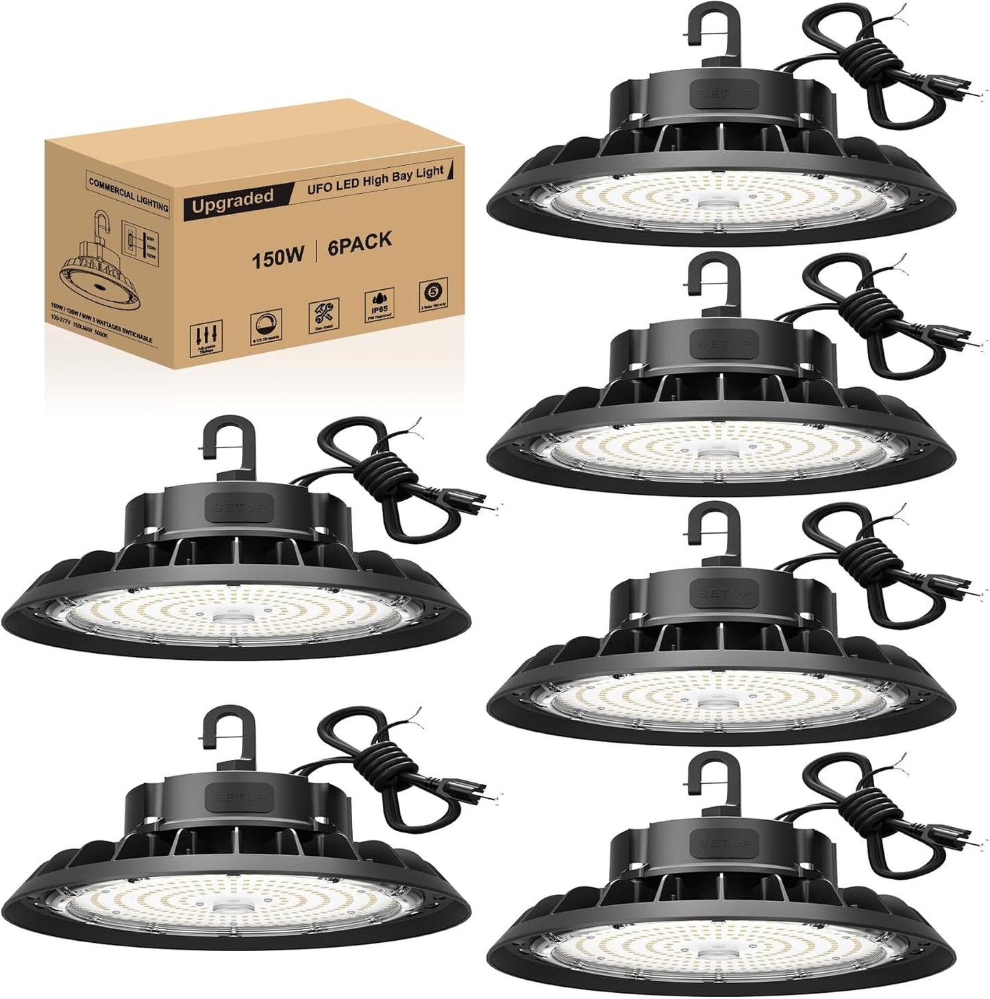 UFO LED High Bay Light 150W 6 Pack, High Bay LED Shop Light 22,500LM 0-10V Dimmable, 5' Cable with US Plug, Hanging Hook, Safe Rope, ETL Listed High Bay Light for Warehouse Factory Barn Shop