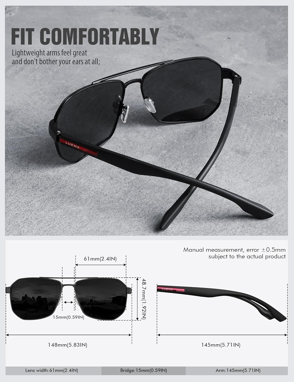 LUENX Aviator Sunglasses for Men Square Polarized Polygon Lens - UV 400 Protection with Accessories Driving Outdoor