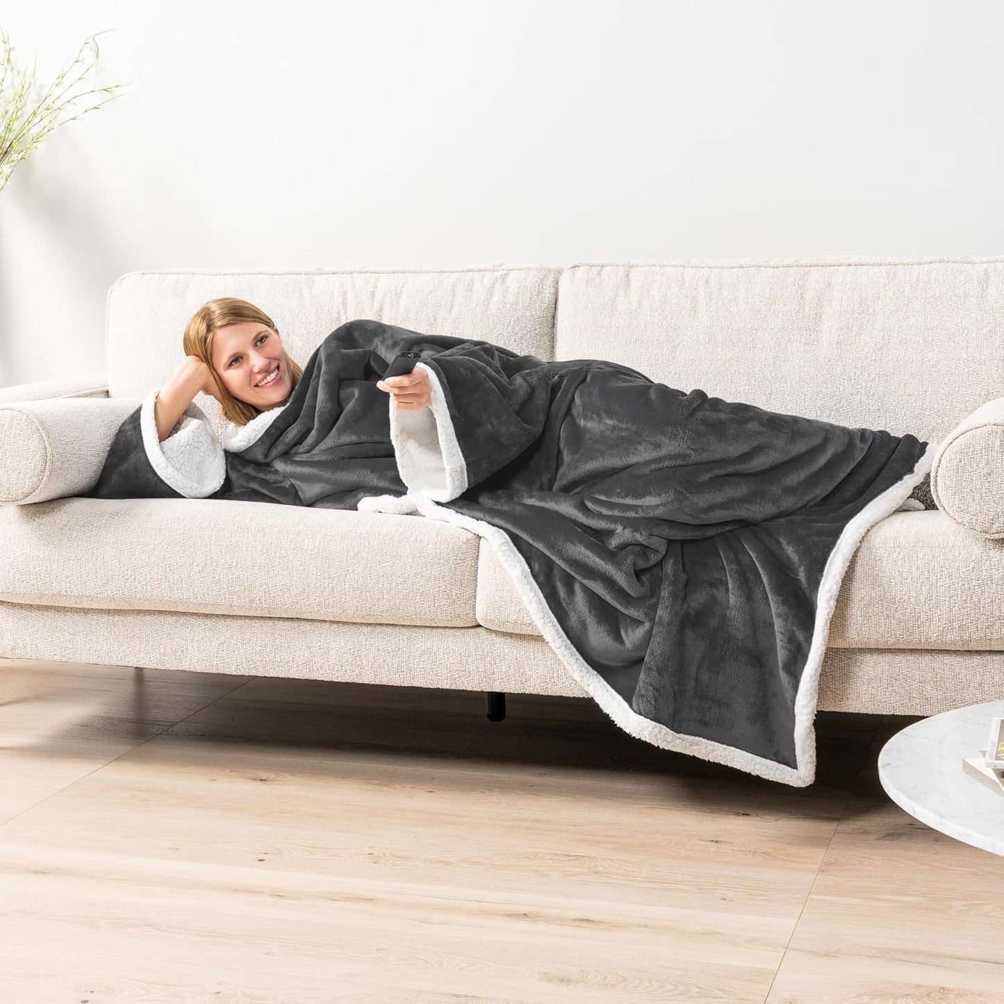 PAVILIA Sherpa Wearable Blanket with Sleeves and Pocket, Plush Thick Cozy Body Blanket Wrap for Adult Women Men, Christmas Gift for Wife Mom, Dark Grey