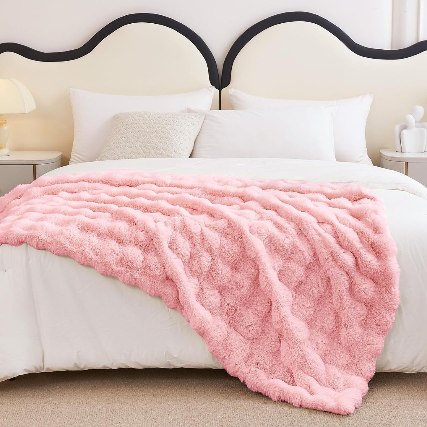 Faux Rabbit Fur Throw Blanket for Couch, Fluffy Warm Plush Thick Bubble Blanket for Bed Sofa Living Room, Soft Cozy Furry Blanket, 50x60 inches, Pink