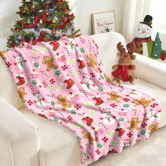 Christmas Pink Throw Blanket, Gingerbread Snowman Fuzzy Blanket, Christmas Candy Cupcakes Holiday Soft Cozy Flannel Blanket for Bed Couch Sofa, 50x60 Inches
