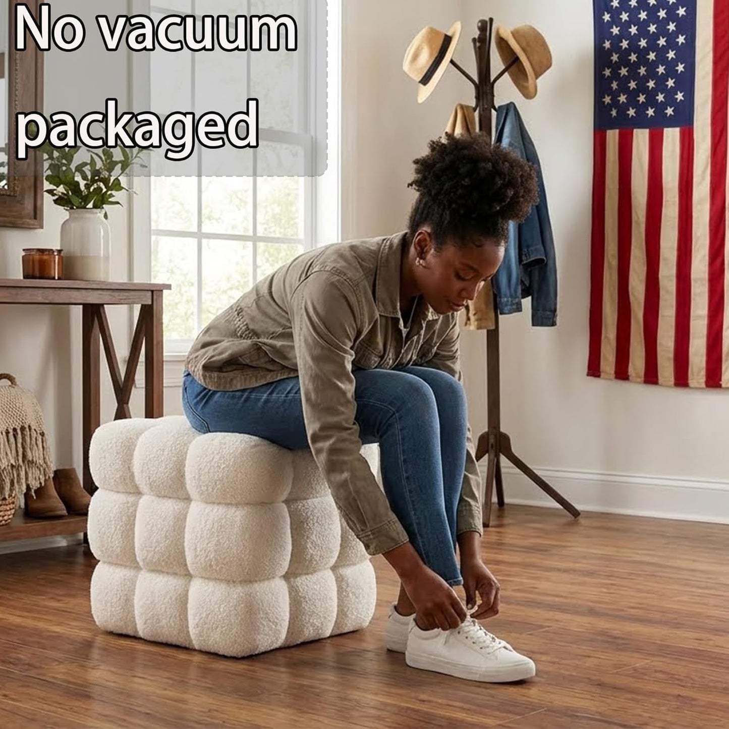 White Square Ottoman 17''3 Cube Pouf Installed,no Vacuum,Sturdy Wooden Frame,Capacity 330 lbs,Modern Sofa Stool Fuzzy Sherpa Footstool,Foot Rest,Cube Boucle,Vanity Stool,for Couch Living Room