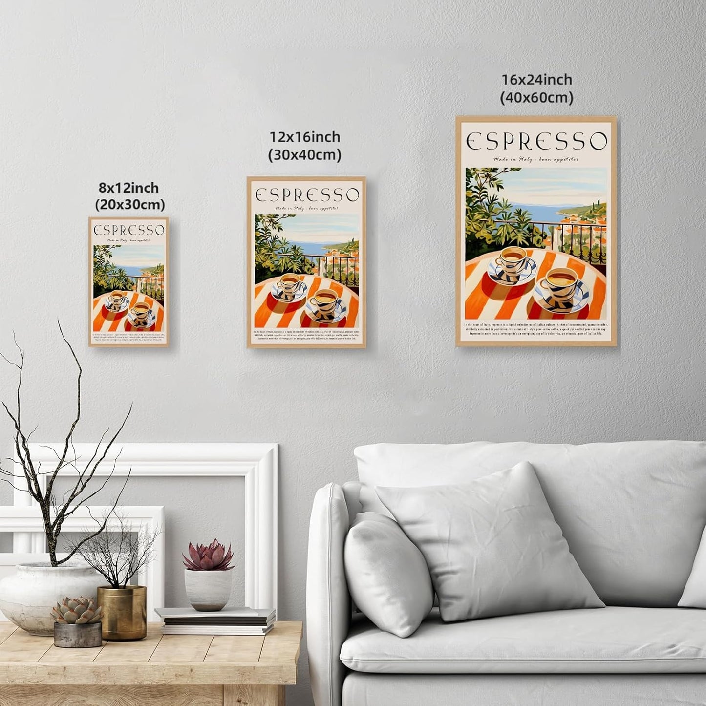 Trendy Espresso Coffee Wall Art Italian Coast Poster Breakfast Balcony View Canvas Print Vintage Cafe Wall Decor Aesthetics Italy Travel Painting for Kitchen Dining Room 16x24inch Wood Frame