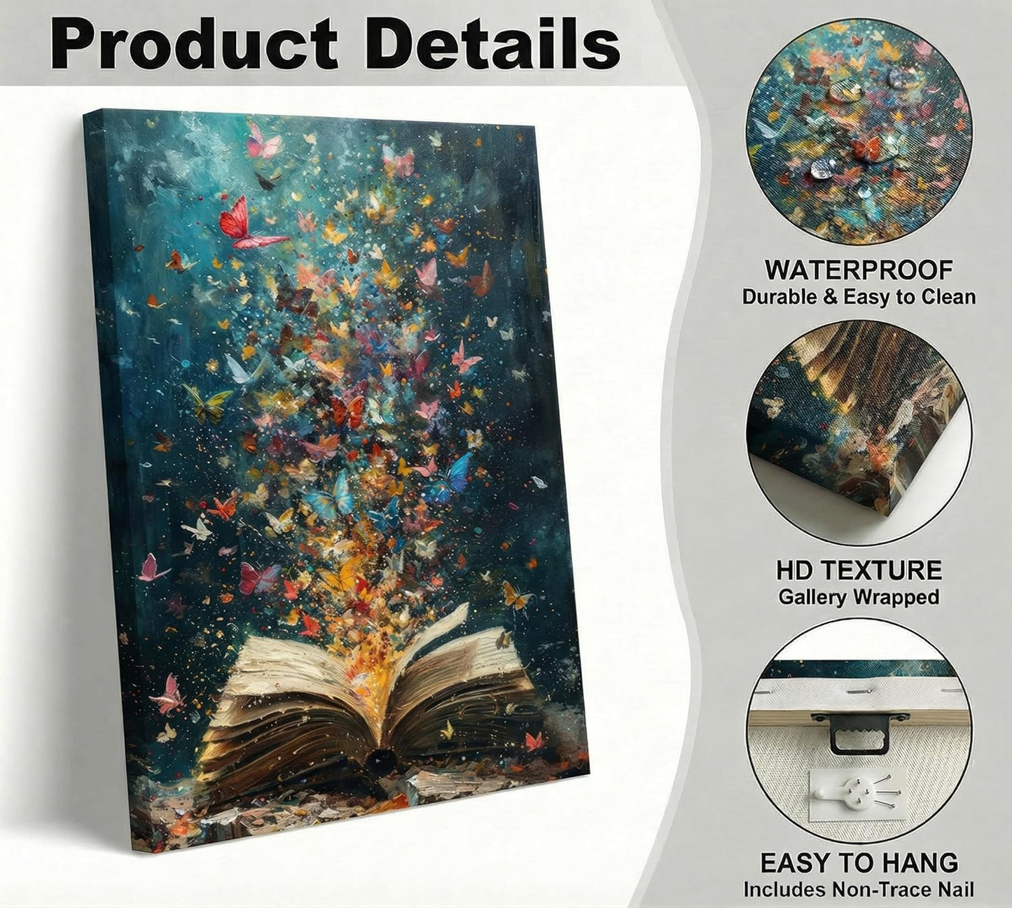 Colorful Butterfly Canvas Wall Art Retro Books Oil Painting Style Wall Decor Picture Butterflies Exploding in Books Poster Print for Library Reading Room Bedroom Modern Reading Concept Home Decoration