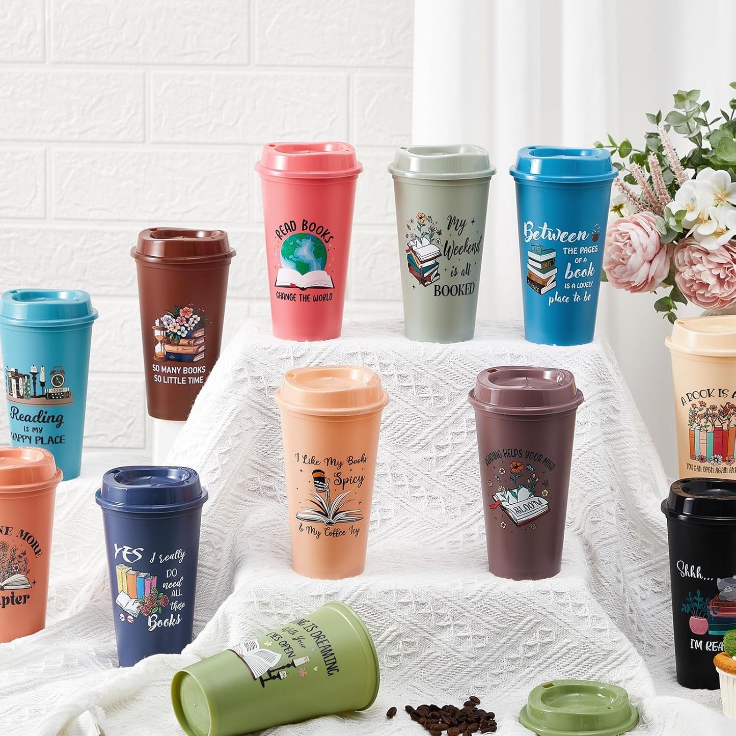 12 Pcs Book Lovers Gifts Bulk, 16oz Library Reading Theme Coffee Cups with Lids, Book Club Appreciation Gifts for Bookish Teacher Students Employee (Morandi)