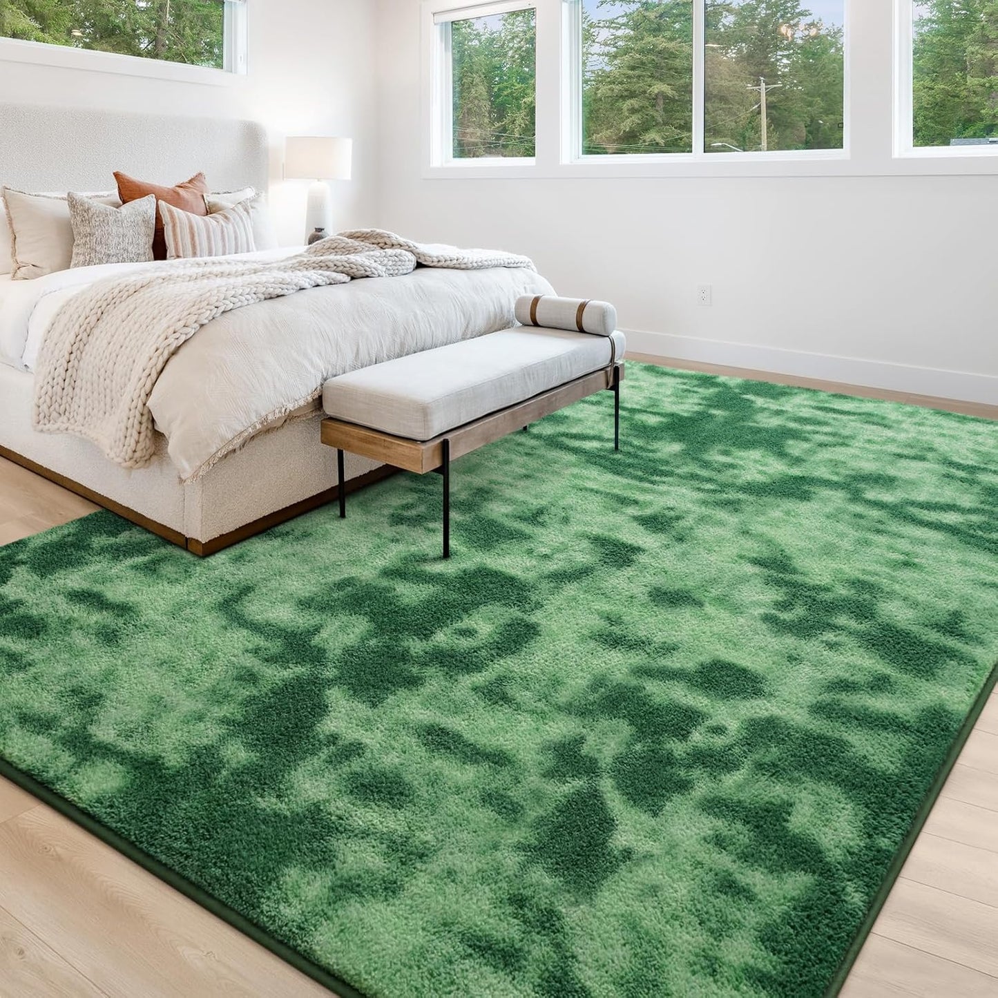 Hutha Large Area Rug, 7x10 Tie-Dyed Green Fluffy Shag Rugs for Living Room Bedroom, Modern Aesthetic Super Soft Anti-Skid Indoor Carpet for Nursery Kids Room Home Decor