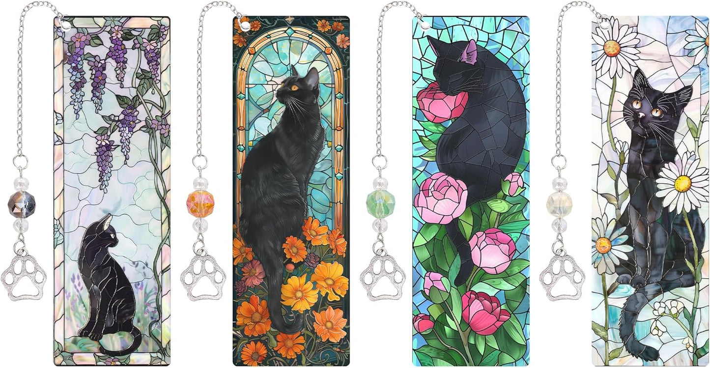 Cute Cat Bookmark Gifts - 4 Pcs Funny Stained Glass Bookmarks for Women Men Book Lovers Cats Paw Pendant Tassels Beaded Page Marks Reading Accessories Bookish Gift for Birthday Back to School