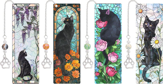 Cute Cat Bookmark Gifts - 4 Pcs Funny Stained Glass Bookmarks for Women Men Book Lovers Cats Paw Pendant Tassels Beaded Page Marks Reading Accessories Bookish Gift for Birthday Back to School