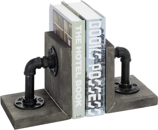 MyGift Book Ends Decorative for Shelves, Office Bookends for Heavy Books, Book Holder L-Shaped Stand Desktop, Vintage Gray Wood with Realistic Industrial Pipe Design