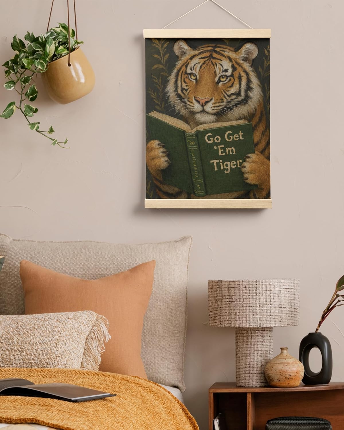 FGFK Vintage Motivational Tiger Reading Wall Art Poster Hanger Frame, Go Get Em Bookish Tiger Funny Animal Canvas Prints Framed Wall Decor for Home Kids Bedroom Room Dorm, 12x16 Inch