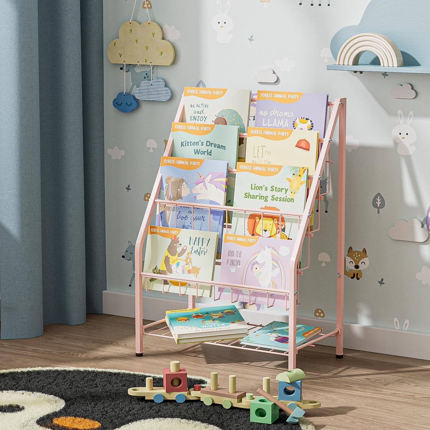 JAQ Toddler Bookshelf for Girls, 4-Tier Metal Kids Child Bookcase Rack with Toy Storage Organizer in Playrooms Nursery Clasroom Corner Library for Infants Baby Young Children (24.92 inch, Pink)