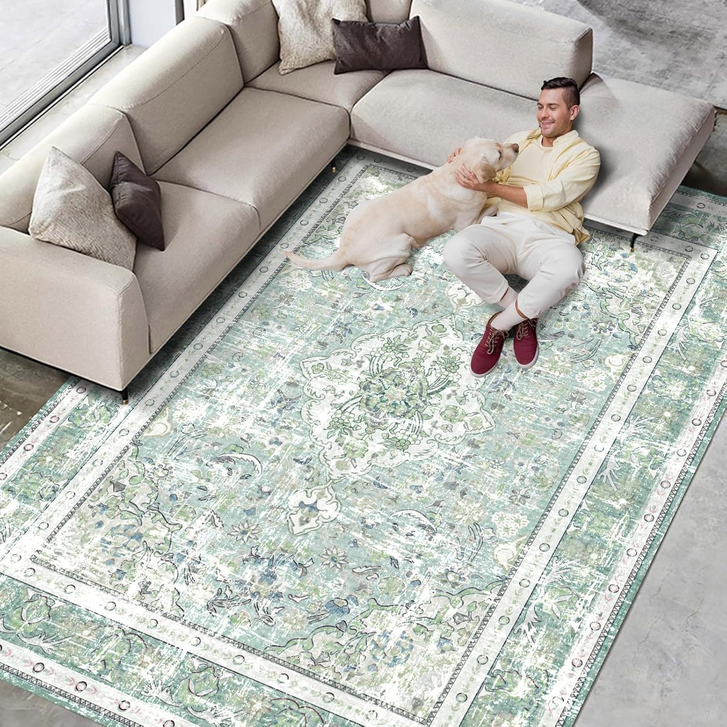 Vhong Boho Area Rugs Vintage Washable Modern Neutral Large Carpet Sage Green 8×10 High Traffic Rugs for Dinning Room Living Room Bedroom Farmhouse Non Slip