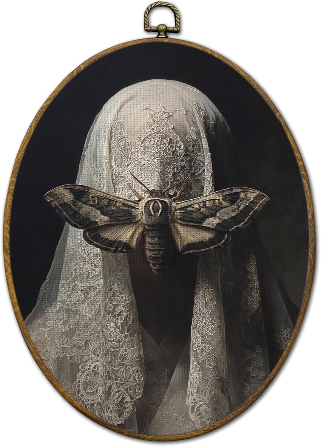QZQE Gothic Witchy Moth Oval Wall Art Decor Framed, Dark Academia Veiled Women Moth Oval Canvas Prints, Dark Moody Goth Aesthetic Wall Hanging Decor for Home Bedroom Living Room, 8.6x11.4 Inch