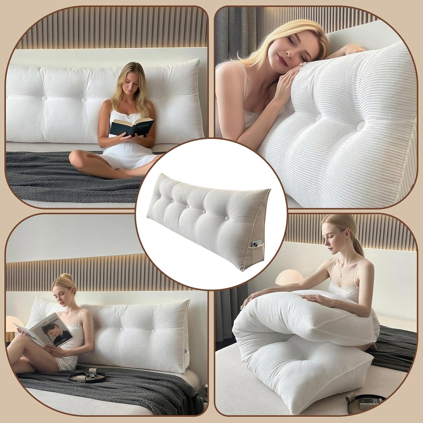 Djft Wedge Headboard Pillow, Bed Backrest Reading Cushion with Removable Cover, Large Sitting Support Pillow with Side Pockets (White, King 76in)