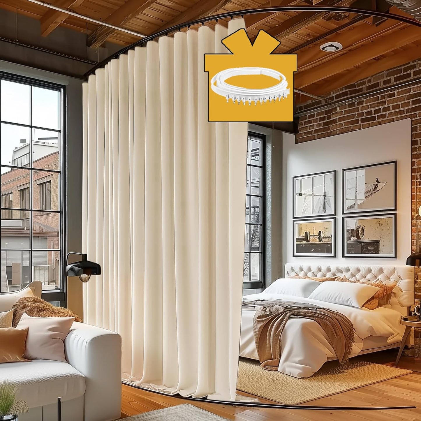 Room Divider Curtains with Ceiling Track, 95% Blackout Heavy Curtains Noise Reduction Privacy Curtain System Kits, 8.3 ft Wide x 7 ft Tall, Cream Beige, 1 Panel