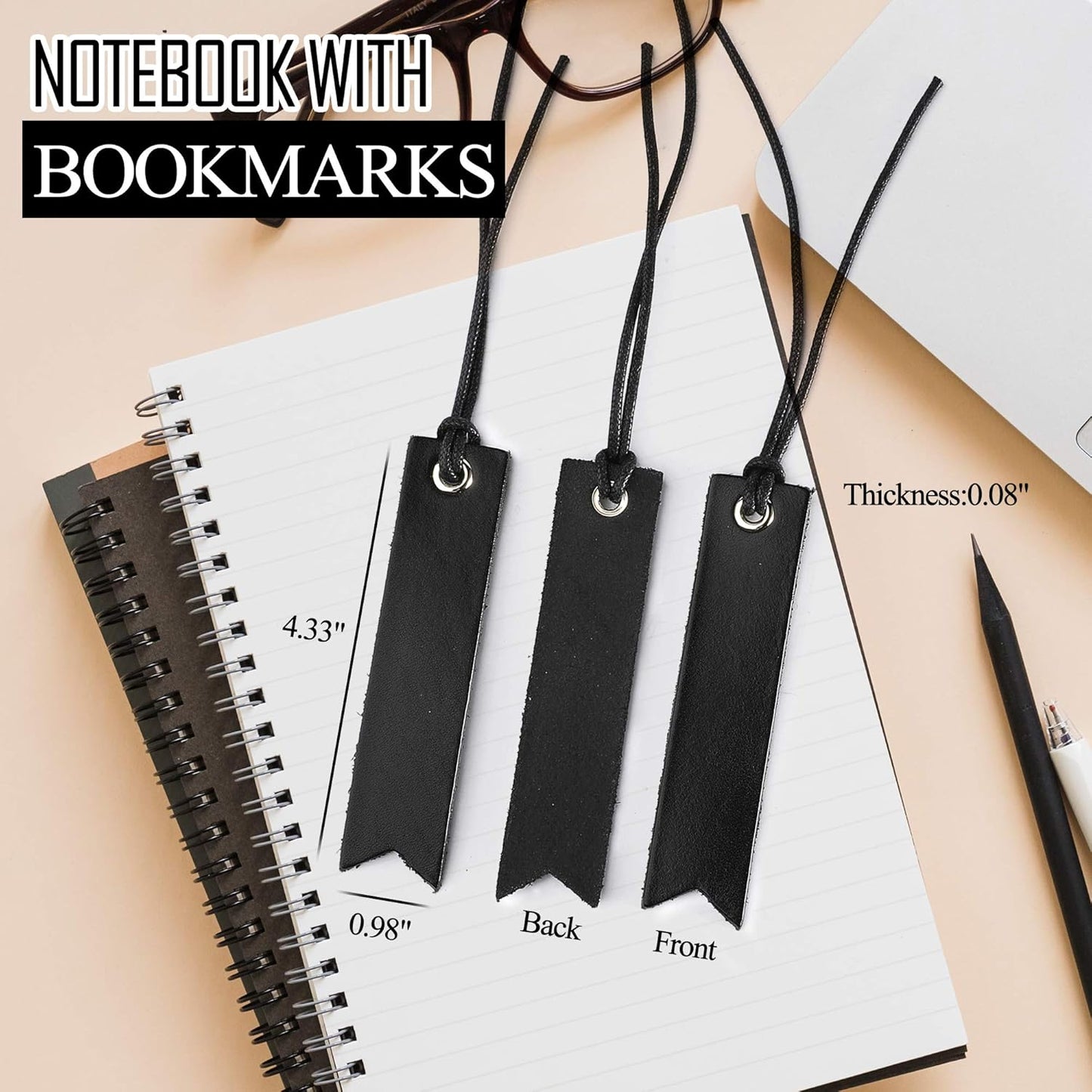 Leather Bookmarks for Men Women, Handmade Page Markers for Book Reading, Gift for Reader Writers (Black 3)