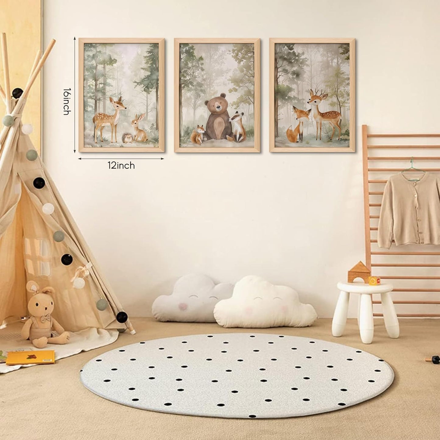 Framed Woodland Wall Art Set of 3, Wild Animals Nursery Wall Decor, Cute Bear Fox Deer Watercolor Canvas, Forest Animal Pictures Print for Baby Room Decor Home Decoration – 12X16 inch