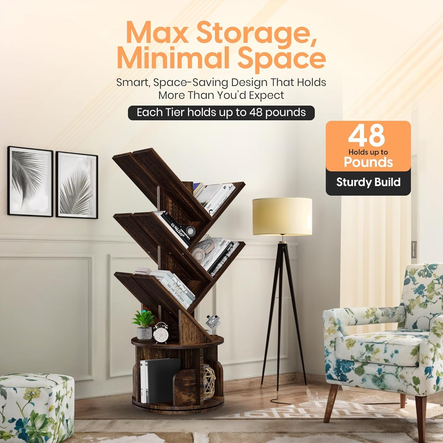 Rotating Bookshelf Tree, 5 Tier Space Saving Narrow Bookcase, Unique 360° Spinning Tower, Premium Wood Corner Book Shelf for Kids or Office, Tall Standing Storage Organizer