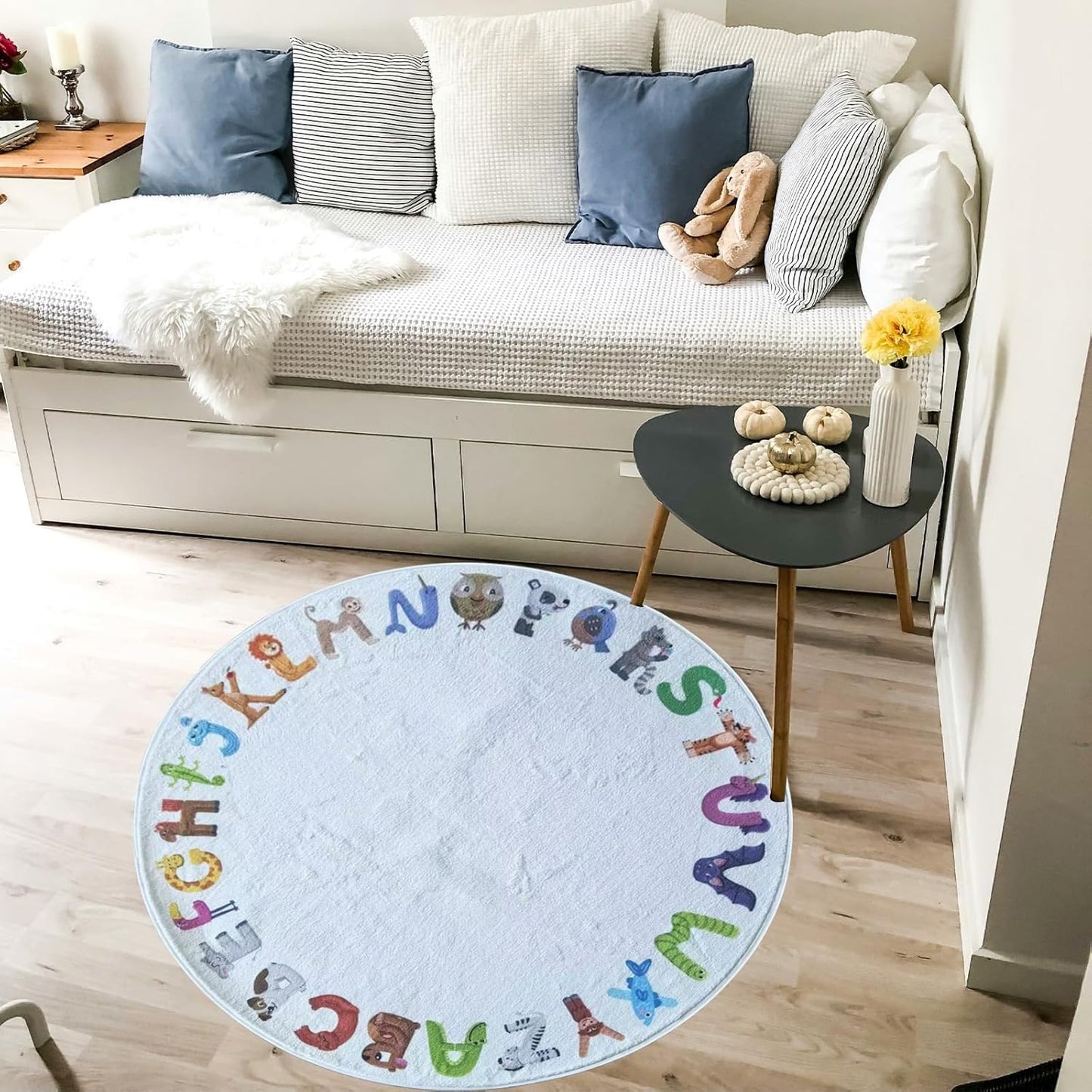 4ft Round ABC Kids Play Rug - Soft Crawling Mat, Non Slip Alphabet Educational Rug for Toddlers, Baby, Nursery, Playroom, Classroom, Bedroom Decor