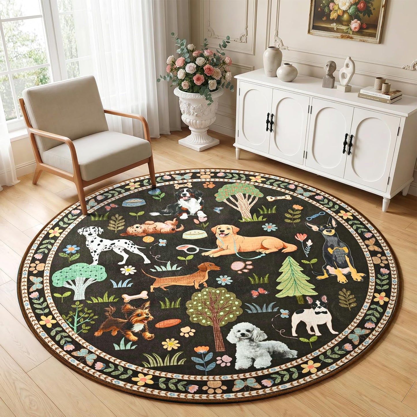 ST. BRIDGE 4ft Brown Round Area Rug, Washable Boho Animal Dog Non-Slip Circle Rug, Soft Thin Stain-Resistant Low-Pile Carpet for Entryway Kitchen Living Room Bedroom Nursery Kids Playroom