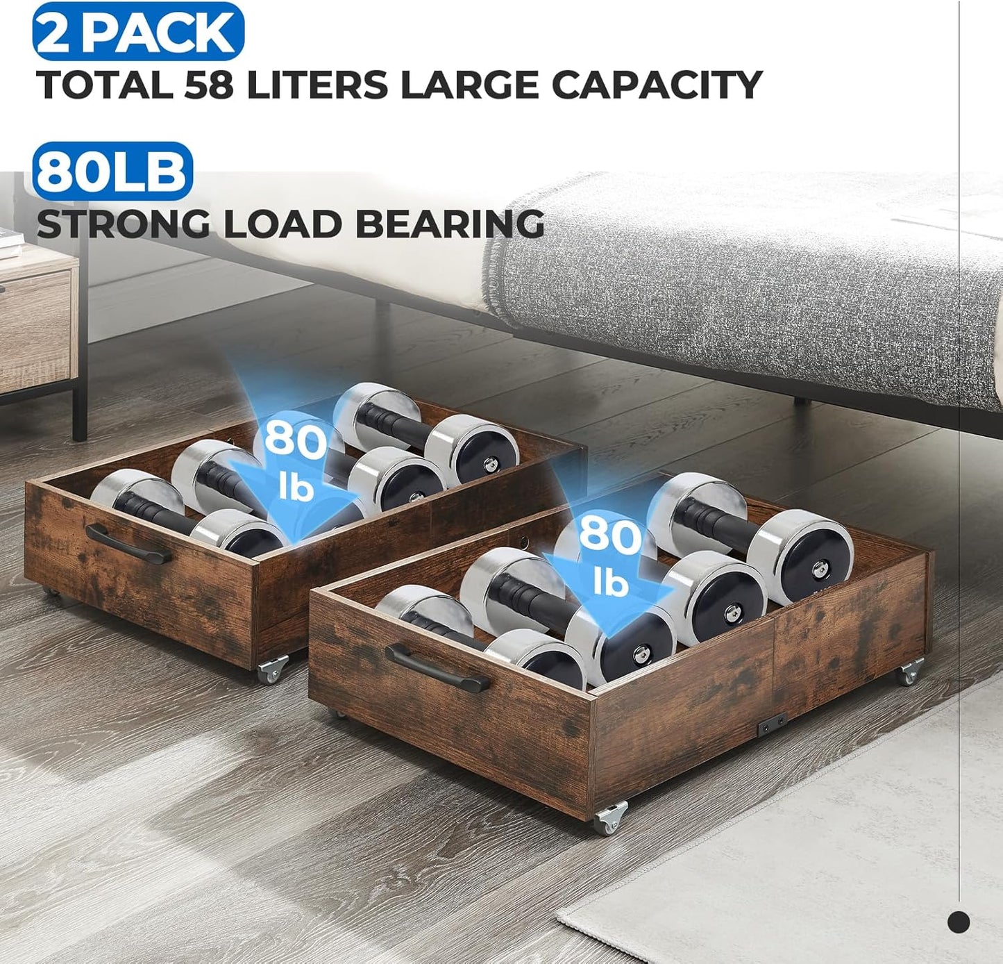 Under Bed Storage with Wheels, 2-Pack Under Bed Shoe Storage Organizer Drawer, Composite Wood Organizer for Shoes Clothes Containers in Bedroom for Clothes,Shoes(Brown)