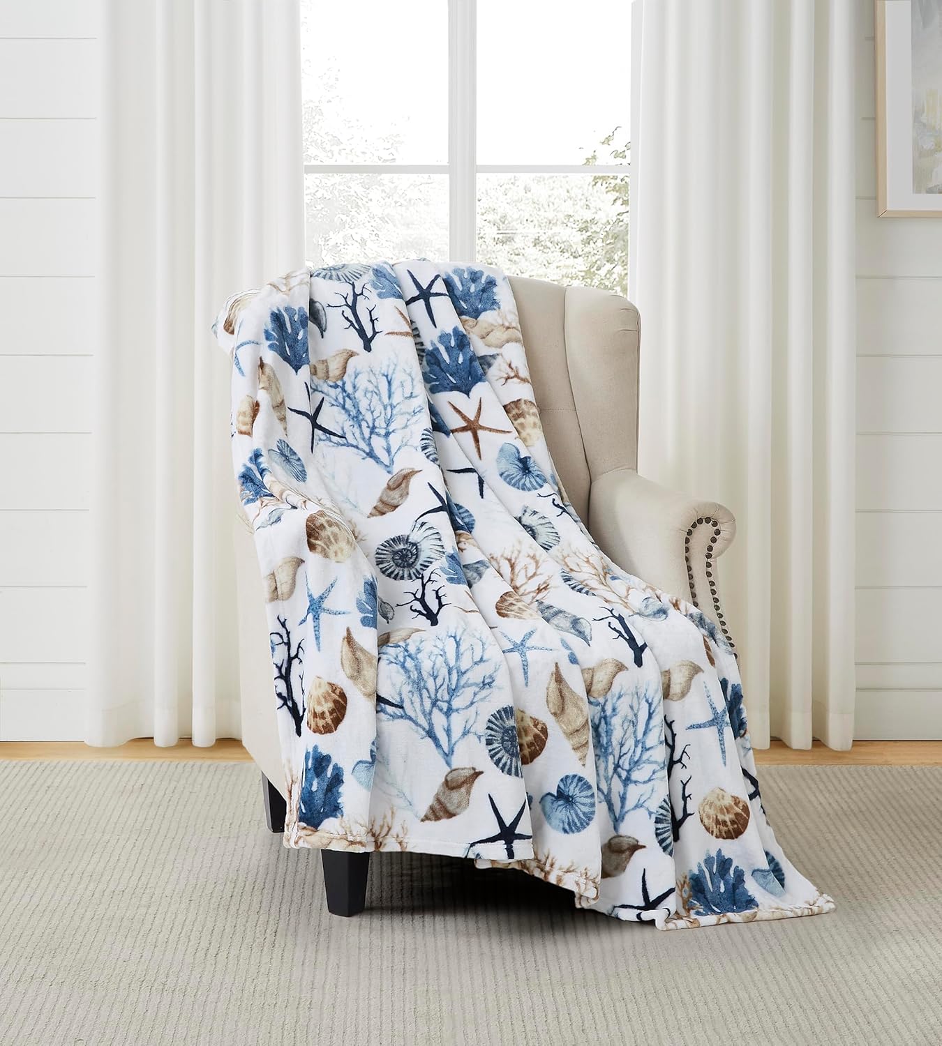 Ocean Life Coastal Throw Blanket: Soft Plush Velvet Fleece Blues Greys and Beige Brown on White, Accent with Shells Coral and Starfish, 50" x 70" Inches (Coral Reef)
