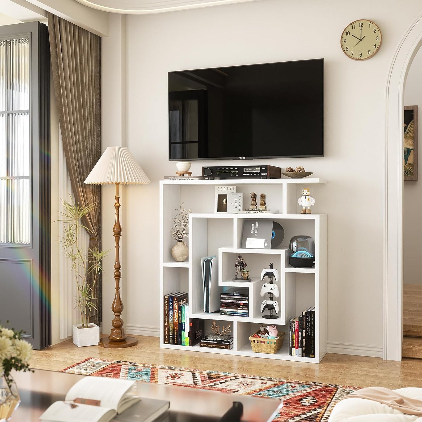 6-Tier Geometric Bookcase — Wall Mounted & Freestanding, 45.5×47 in, White