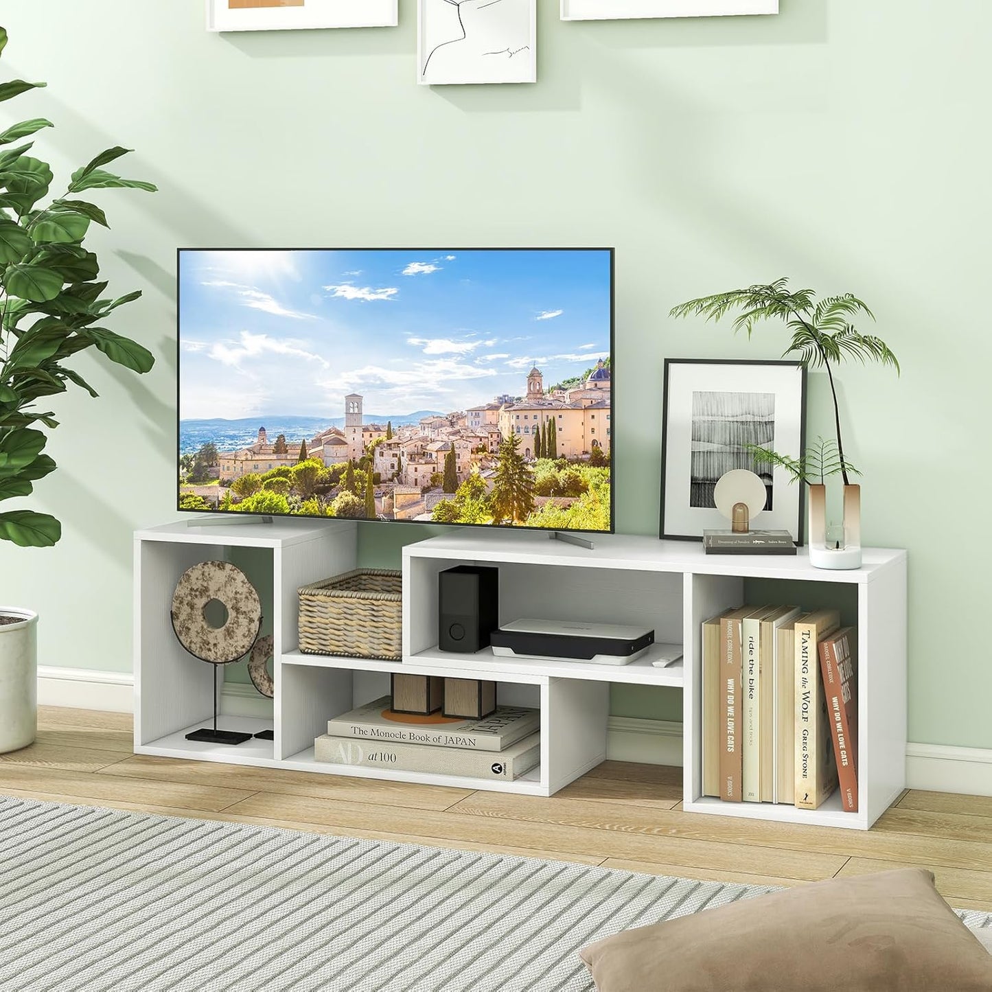 LDAILY L-Shaped TV Stand, TV Entertainment Center with 4 Storage Cubes & Rotating Shelves, Wood Bookcase for TVs up to 55 Inch, Sturdy Free-Combination Console Table for Living Room, Bedroom (White)