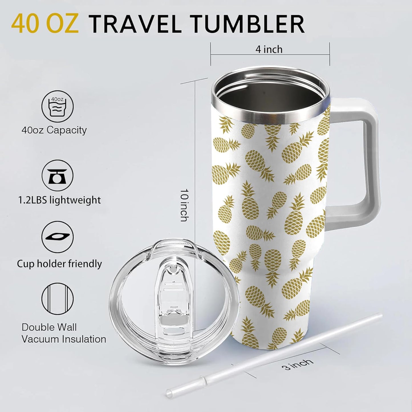40 Oz Pineapple Tumbler with Handle and Straw Lid, Insulated Keeps Drinks Cold & Hot, Stainless Steel Coffee Mug Funny Gifts for Women Girls