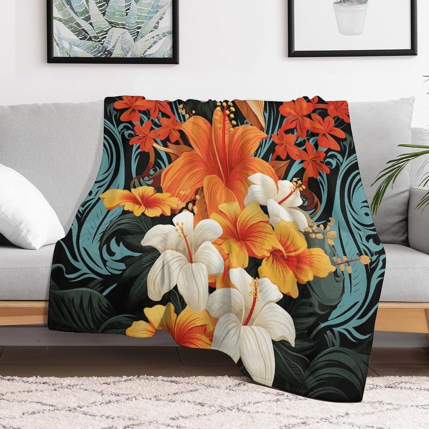 Flowers And Hawaiian Tribal Patterns on Black Background Throw Blanket for Couch Super Soft Warm Lightweight Throw Blankets Cozy Flannel Bed Blanket Cute Decorative Blankets for All Seasons Home Decor