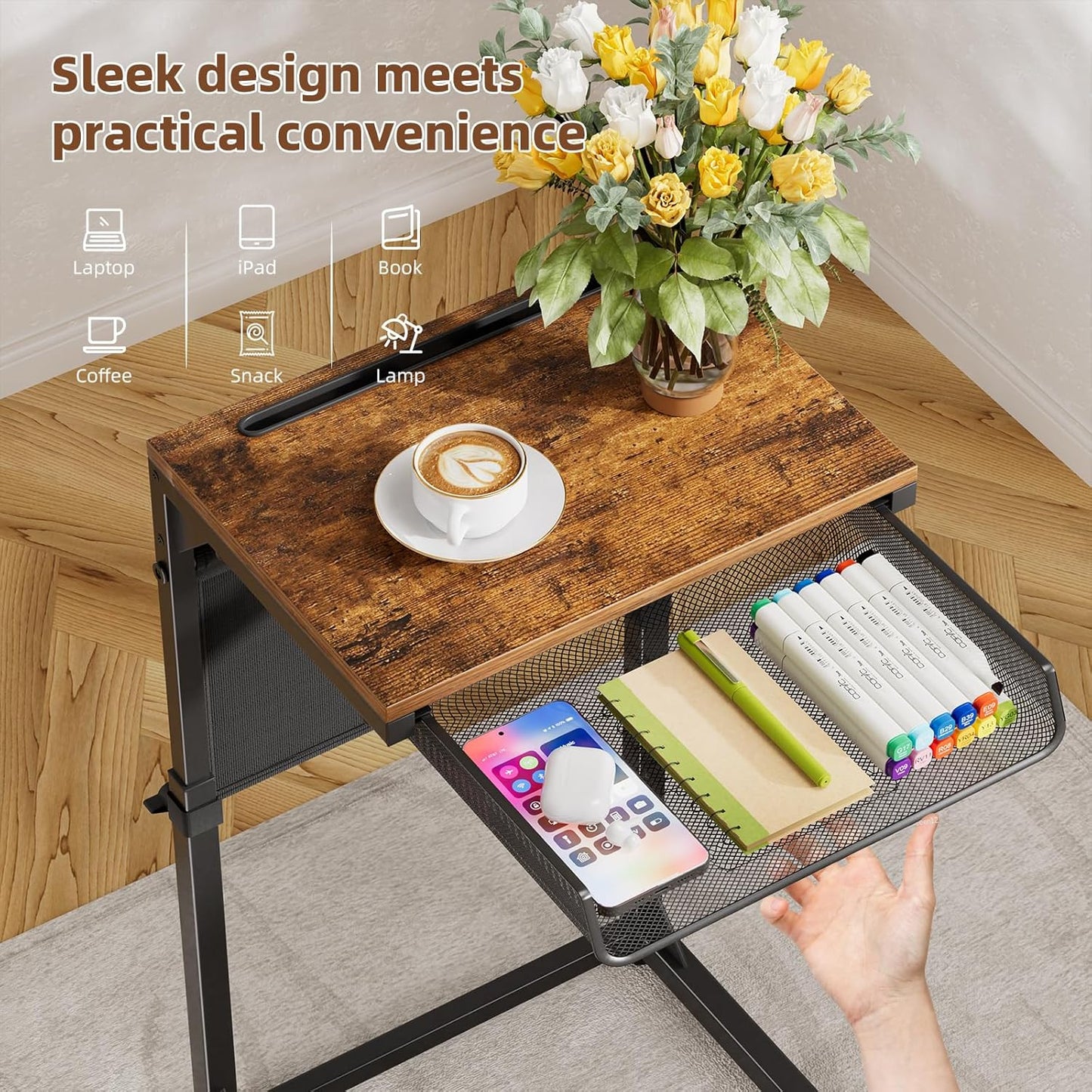 Simple Trending C Shaped End Table with Charging Station, Side Table Adjustable Height, Sofa Couch Table TV Tray with Storage Bag for Living Room, Rustic Brown
