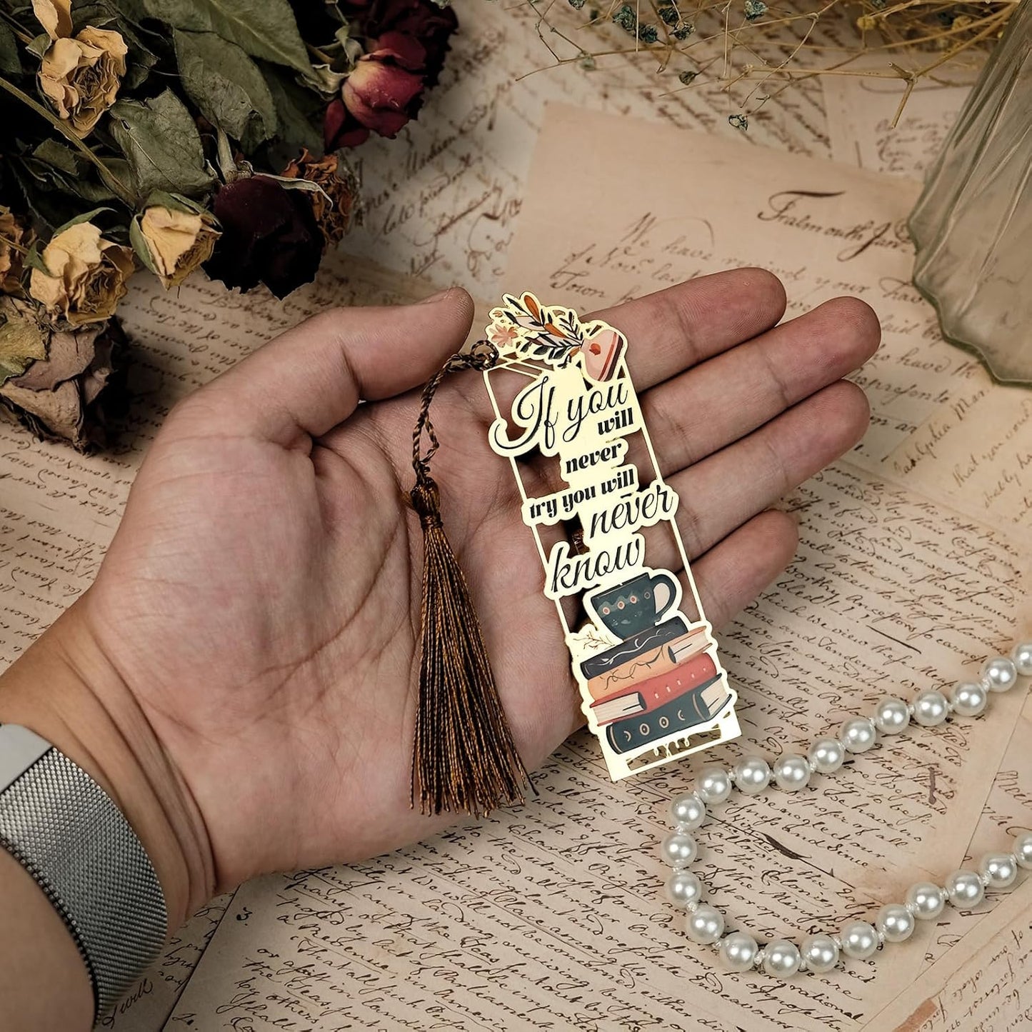 4-Pack Metal Golden Hollow Inspirational Bookmarks with Tassels – Vintage Book Lover's Gift, Motivational Quotes Book Marks for Reading Enthusiasts, Students, Teachers, Men, Women