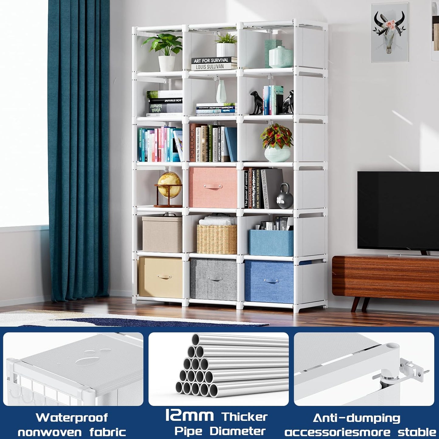 Mavivegue Book Shelf, 18 Cube Storage Organizer, DIY Bookcase, Metal Cube Bookshelf, Tall Book case for Bedroom, Living Room, Office, Closet Storage Organizer, Black Cubicle Storage Rack-White
