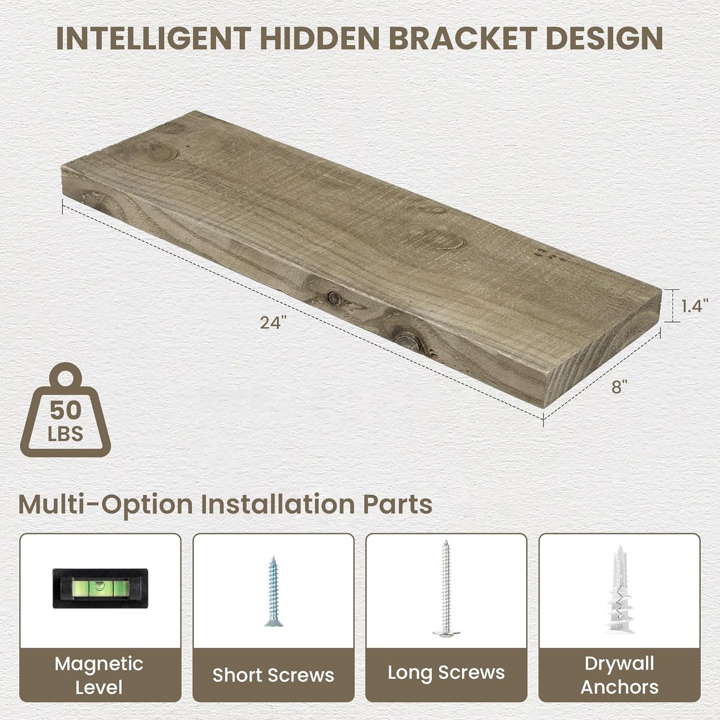 24" Long Solid Reclaimed Wood Floating Shelves, Rustic Heavy-Duty Wall Shelves with Invisible Bracket, 8" Deep Floating Shelf for Living Room, Bathroom, Bedroom and Kitchen, Set of 2, Grey