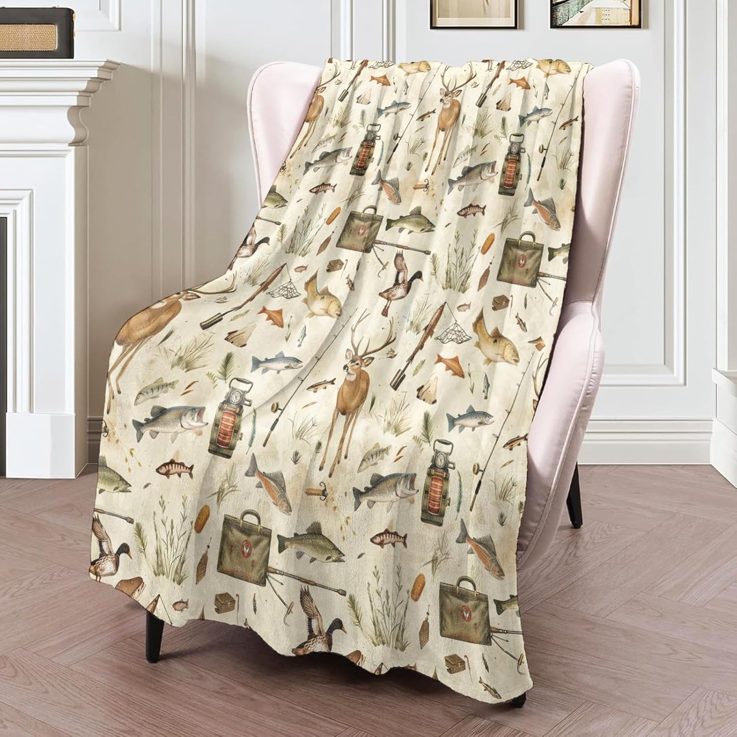 Outdoor Adventure Art Blanket 60×80 Inch,Fishing, Hunting Nature Lightweight Flannel Throw with Rustic Deer, Fish and Gear,Sportsmen Home Living Room Decor,Gifts for Adults,Nature Fans