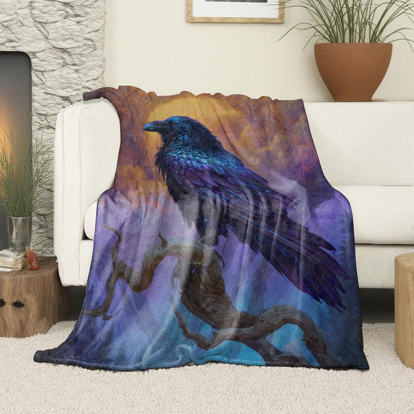 Mystical Raven Blanket, Soft Cozy Lightweight Majestic Crow on Tree with Sunset Sky Throw Blanket for Women Adults, Sofa Couch Bed 50x60 Inch Gothic Flannel Blankets for Travel Decor Gifts