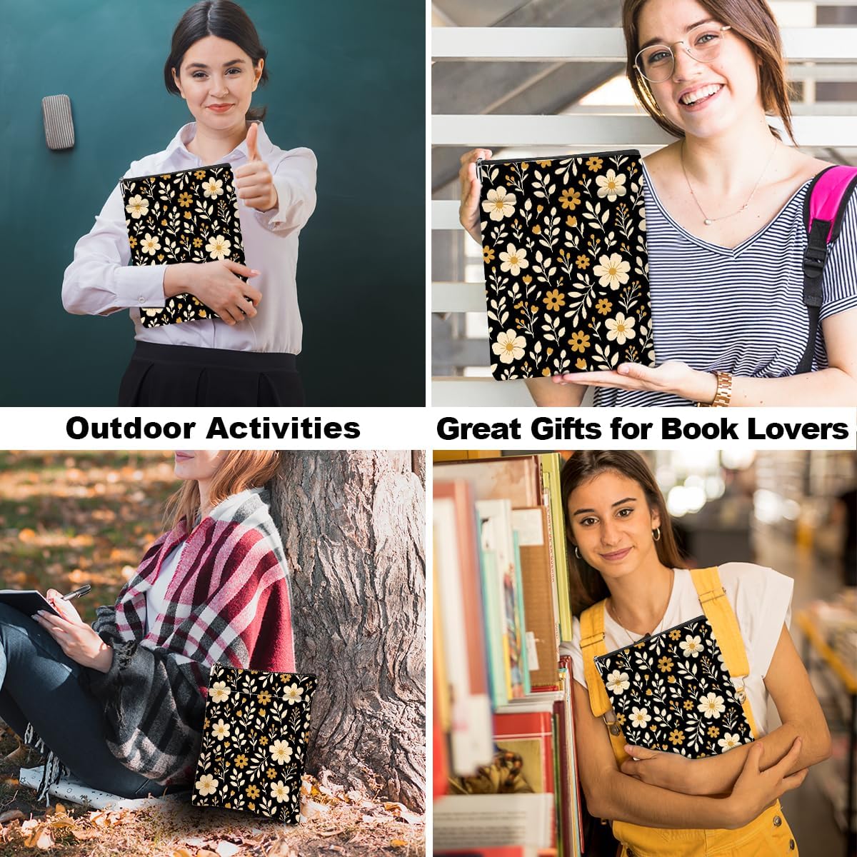 Book Sleeve Book Lovers Gifts Waterproof Books Pouch Protector Cover Reading Accessories Gifts for Women Girls Bookworm Sister Reader Librarian Birthday Anniversary Christmas, Aesthetic Floral