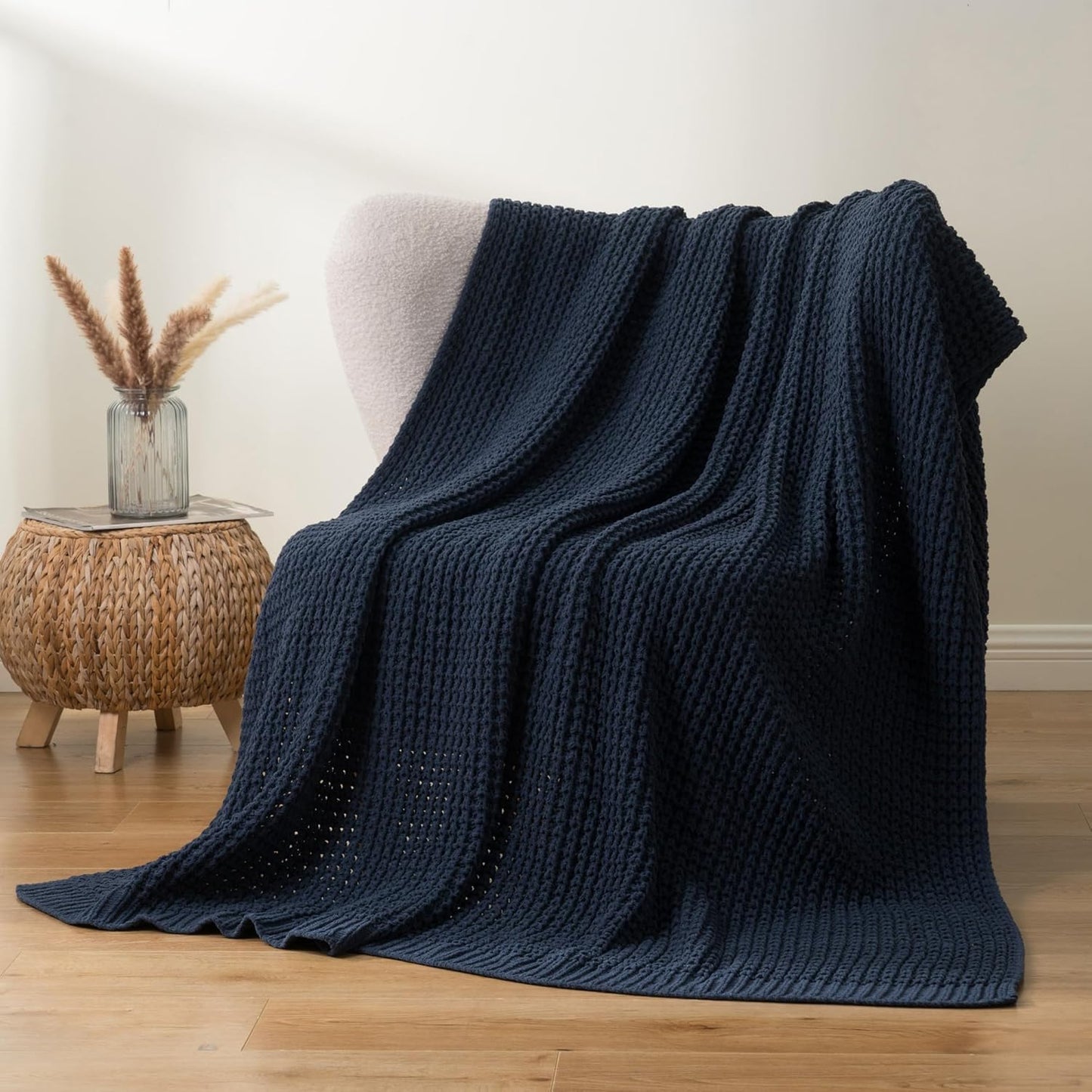 Bunnikins & Clover Navy Blue Throw Blanket for Couch, Knitted Blue Blanket Throw 50''x60'', Super Soft Waffle Navy Throws for Chair Sofa Home Decor