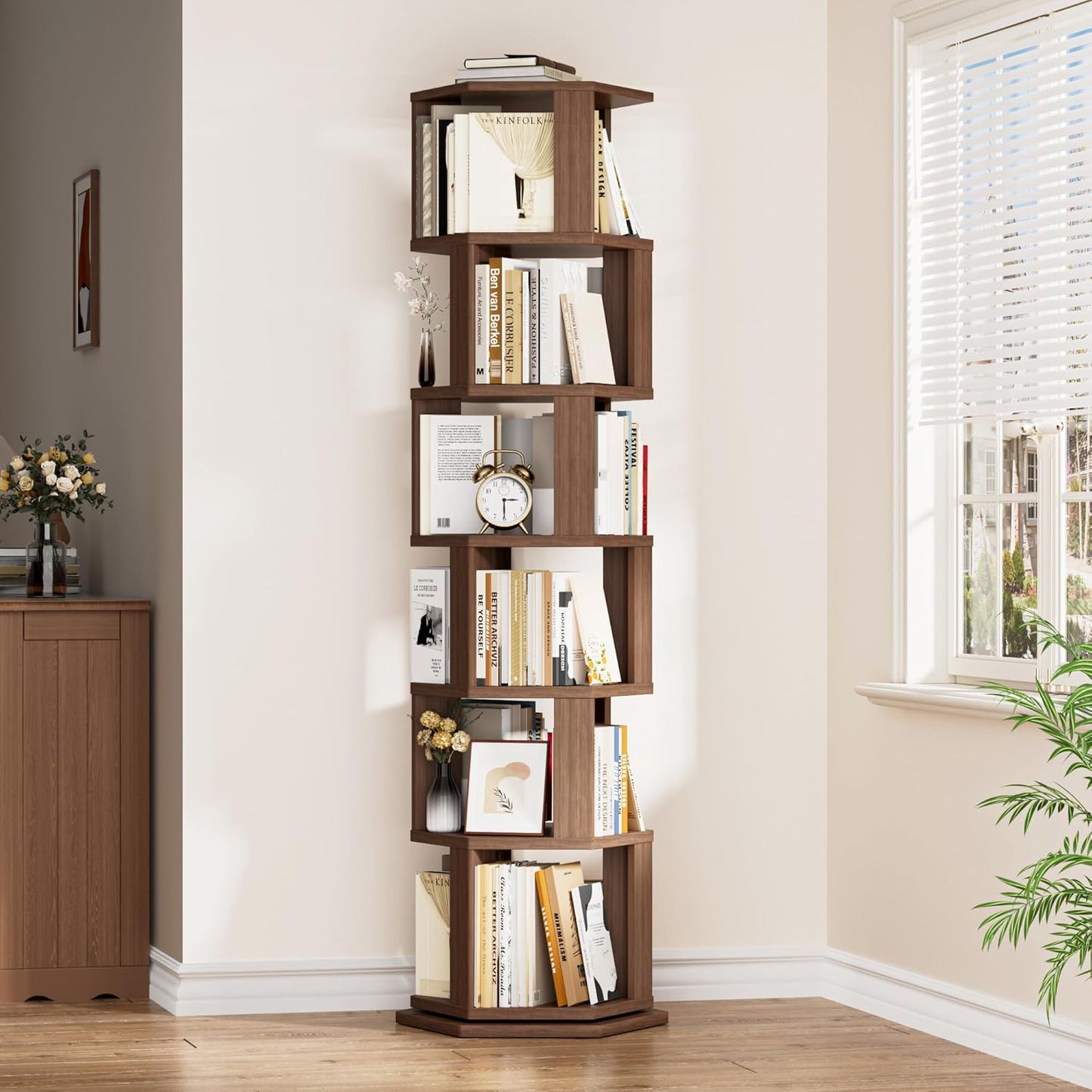 Rotating Bookshelf Tower, 6 Tier Spinning Book Shelf, Wood Round Revolving Bookcase, Narrow Rolling Bookshelves, Vertical Book Storage for Corner Small Spaces, Bedroom, Living Room,Walnut