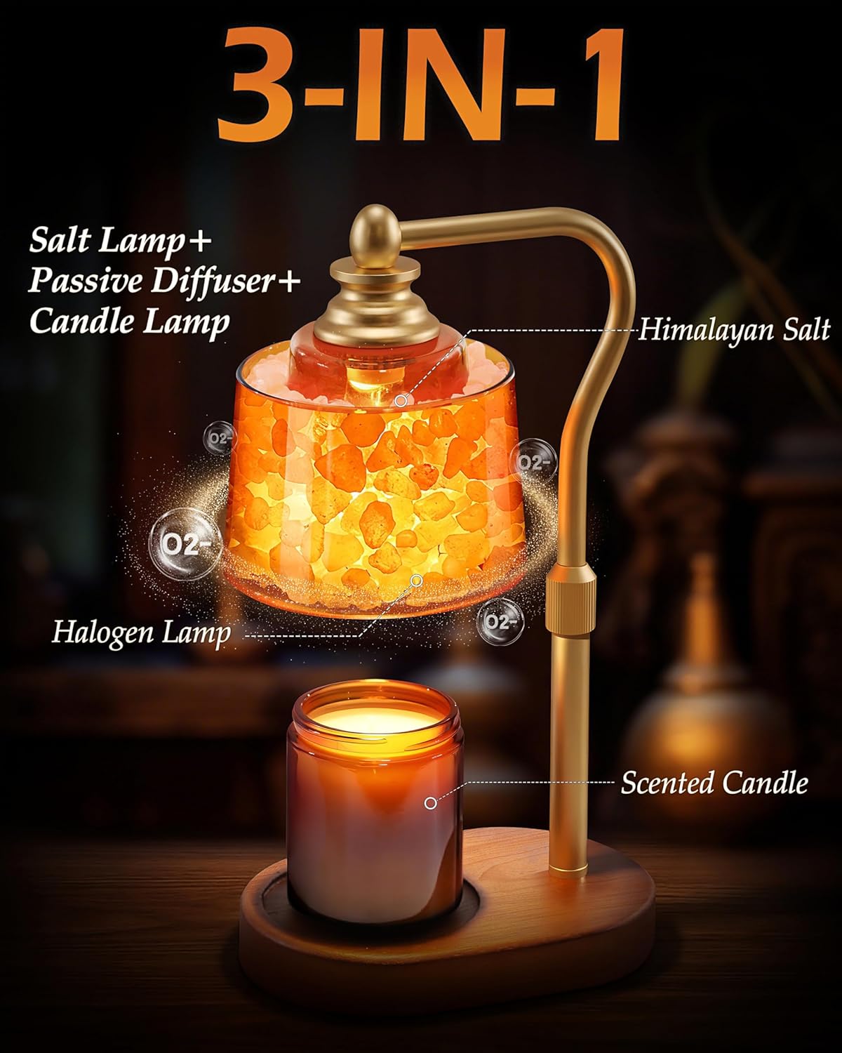 3-in-1 Candle Warmer Lamp with Timer Dimmable, Himalayan Salt Lamp & Passive Diffuser, Gifts for Women, House Warming Gifts New Home Decor, Wax Melt Warmer for Jar Candles (Gold)