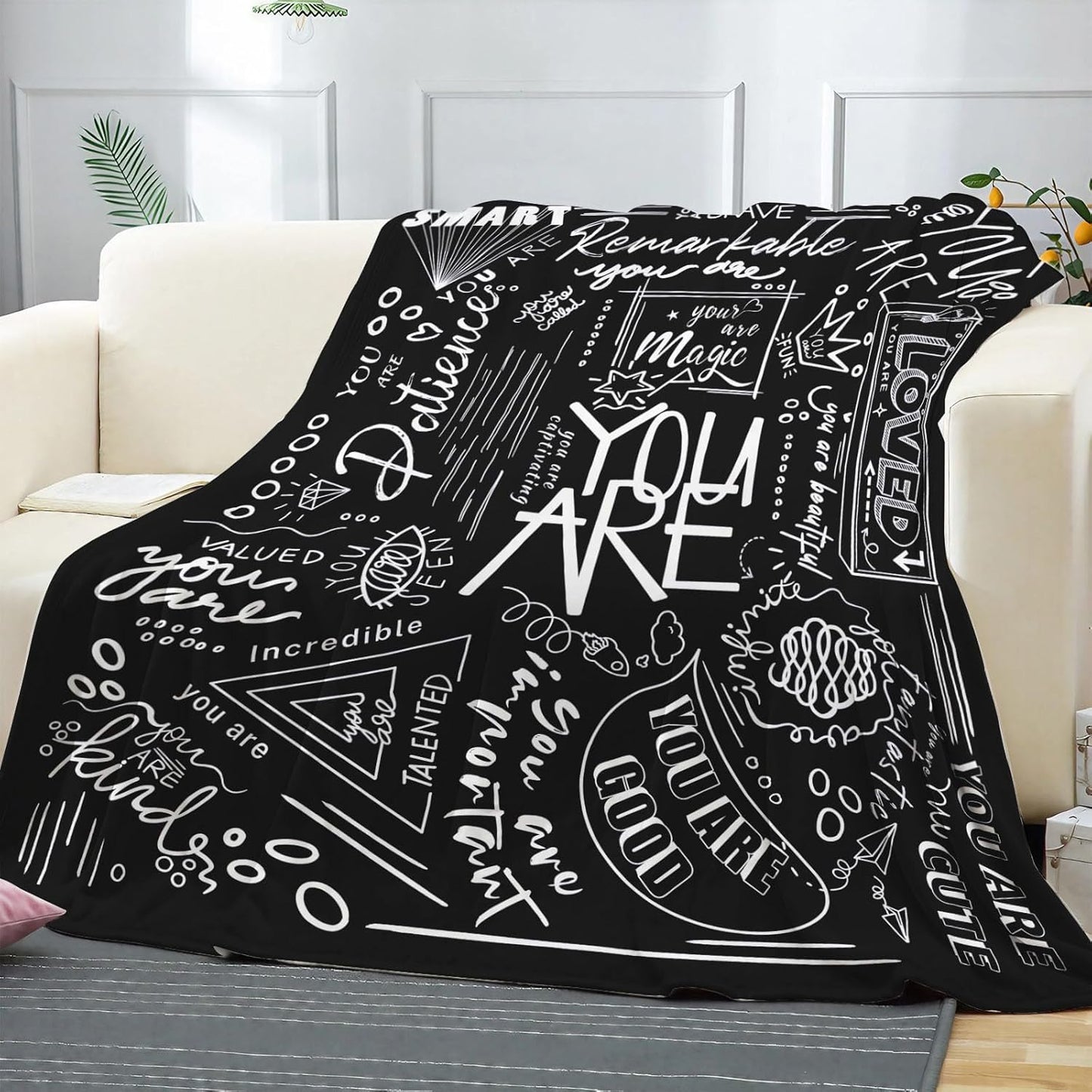 Inspirational Quote Throw Blanket, Positive Psychological Hint Word You are Cozy Decor Nap Cash Blankets Gift for Teens Kids Children Student College Dorm Throws White and Black 40×50 inches