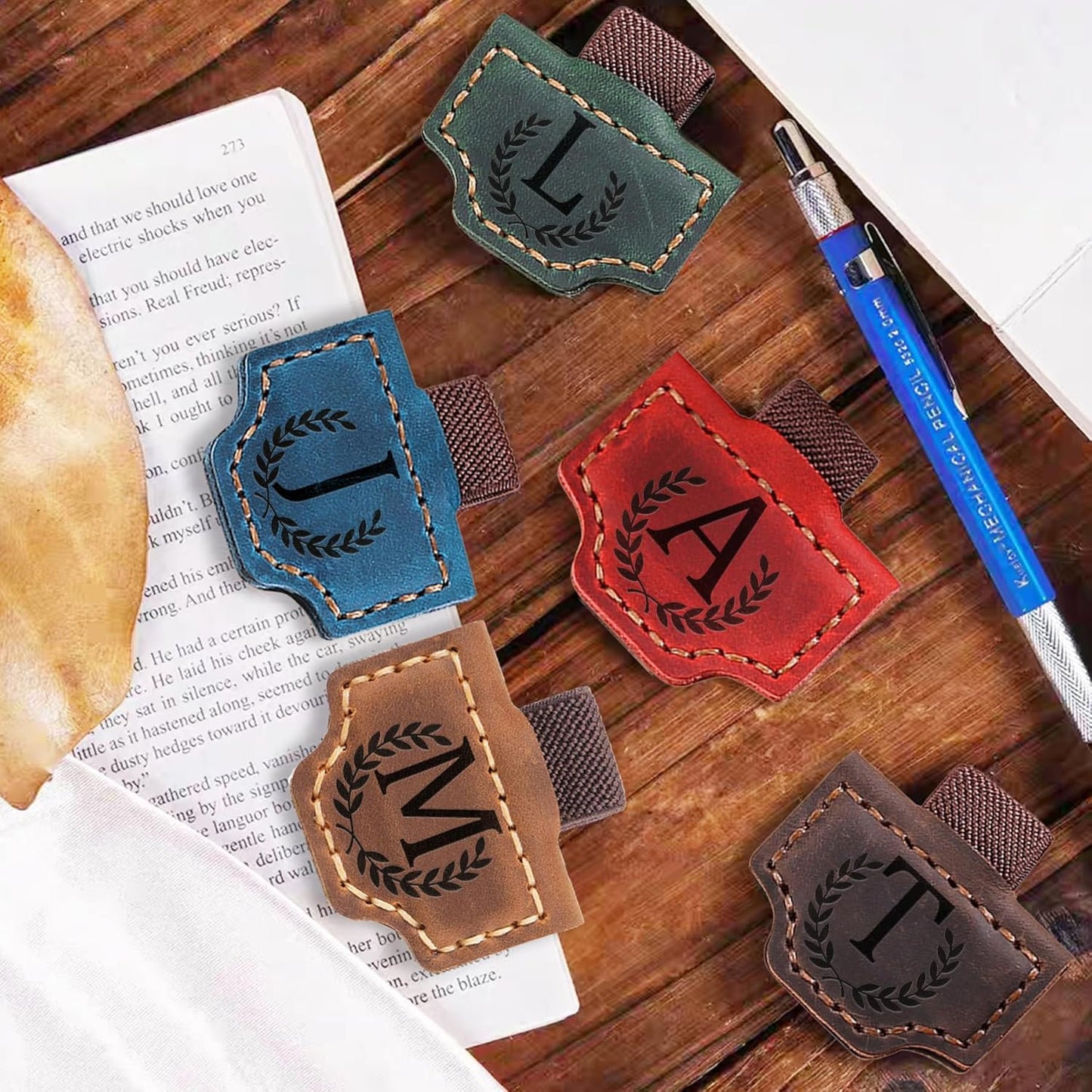 Personalized Leather Magnetic Bookmark with Pen Holder, Bookmark 26 Letters Name Initial Bookmarks for Readers, Book Lover Gifts for Women Men Notebook Accessories (Brown, A)