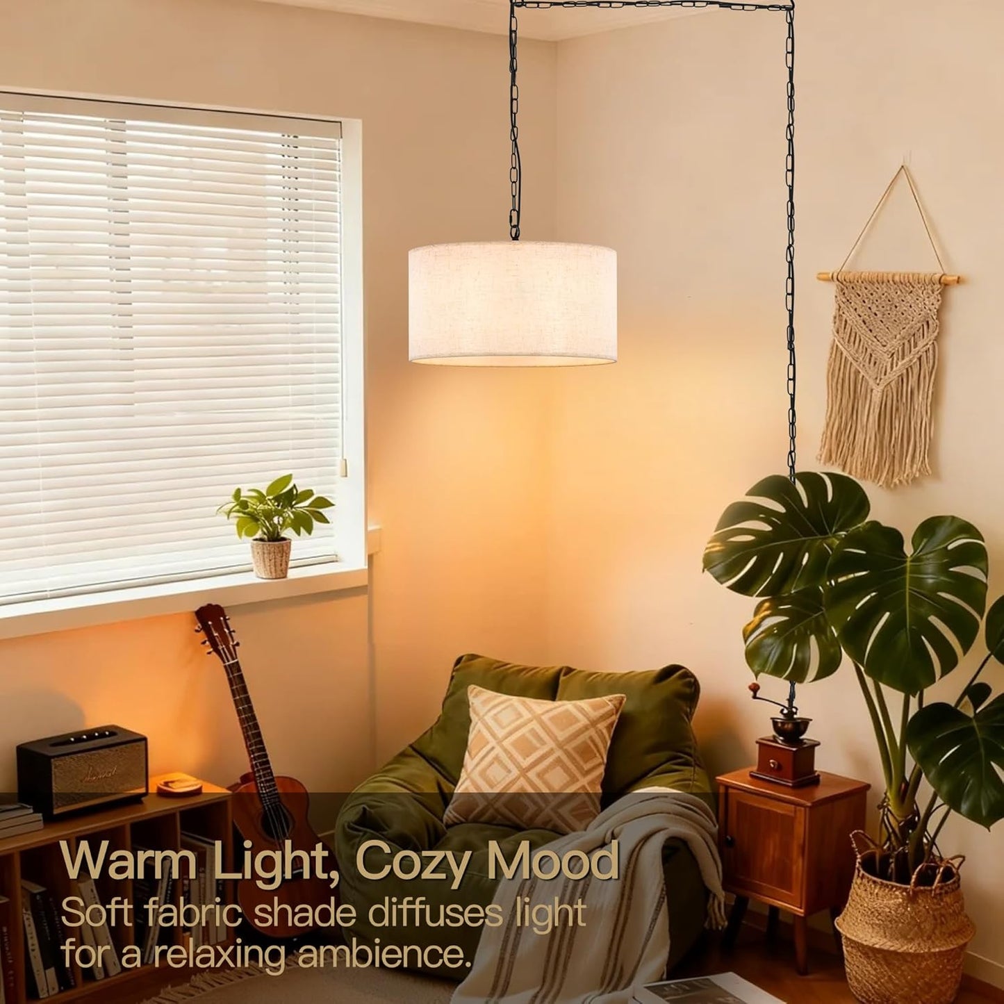 3-Light Plug in Pendant Light with Linen Drum Shade, 15FT Cord & 11.8FT Chain, Adjustable Hanging Height Chandelier with Inline Switch Modern Hanging Lamp for Bedroom Living Room Dining Room
