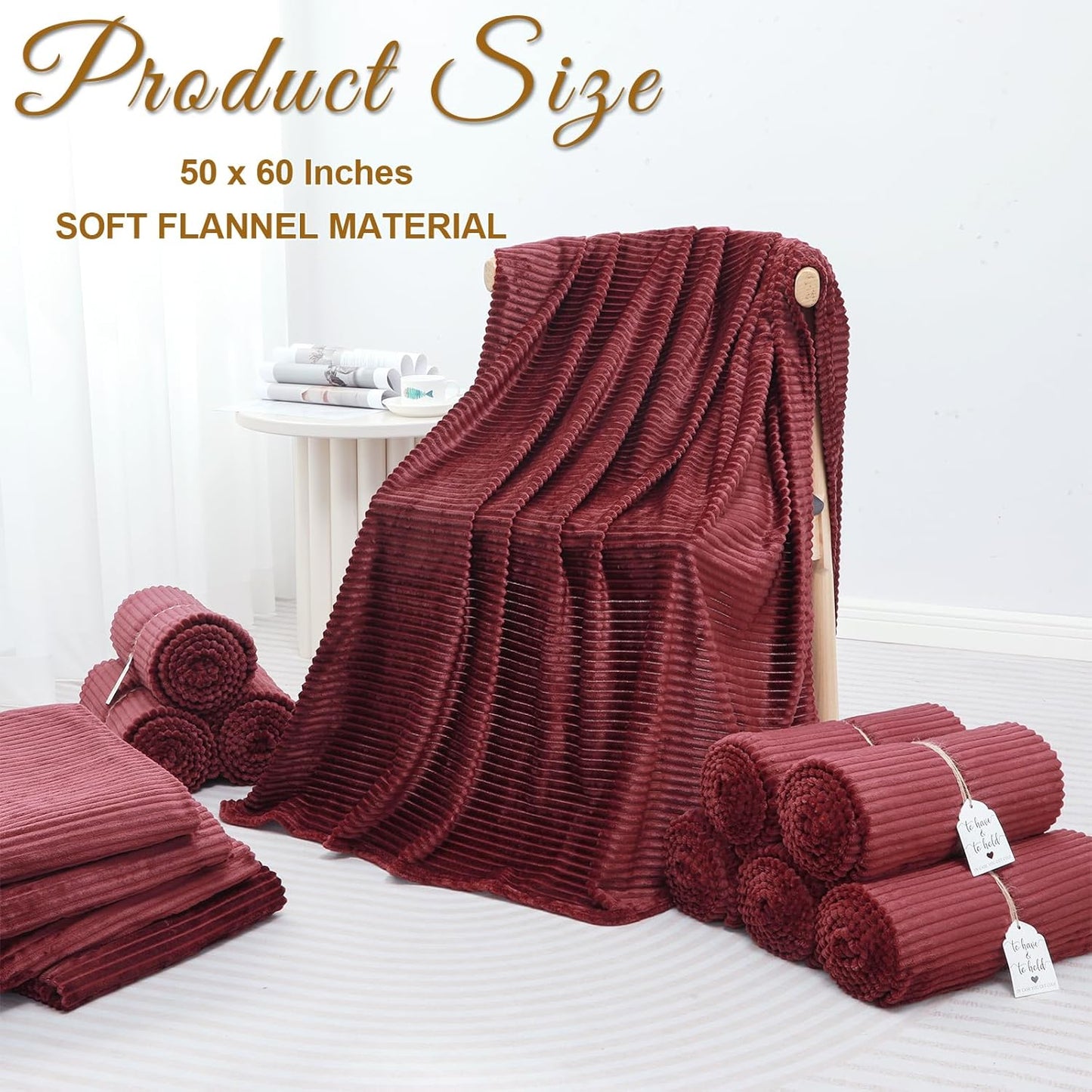 24 Pcs Burgundy Wedding Flannel Throw Blanket Bulk 50 x 60 Inch with to Have to Hold Card Striped Ribbed Soft Throw Blanket Lightweight Blankets for All Seasons Wedding Gifts Sofa Room(Burgundy)